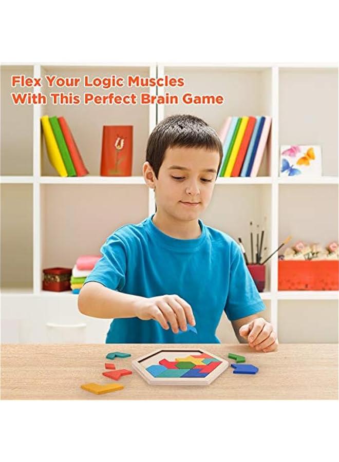 Wooden Hexagon Tangram Puzzle for Kids Adults, Geometric Shape Pattern Blocks, 3D Logic IQ Game, 60 Brain Teaser Challenges, STEM Montessori Educational Toy, Travel Games for Road Trip - Image 2